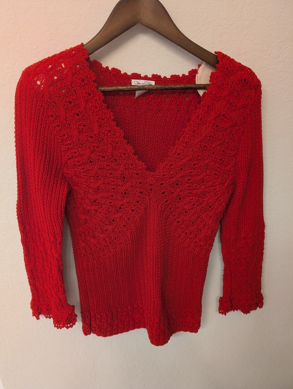 Oscar De La Renta Red Rib Knit Sweater w Crochet Lace Accents Y2K Sz L